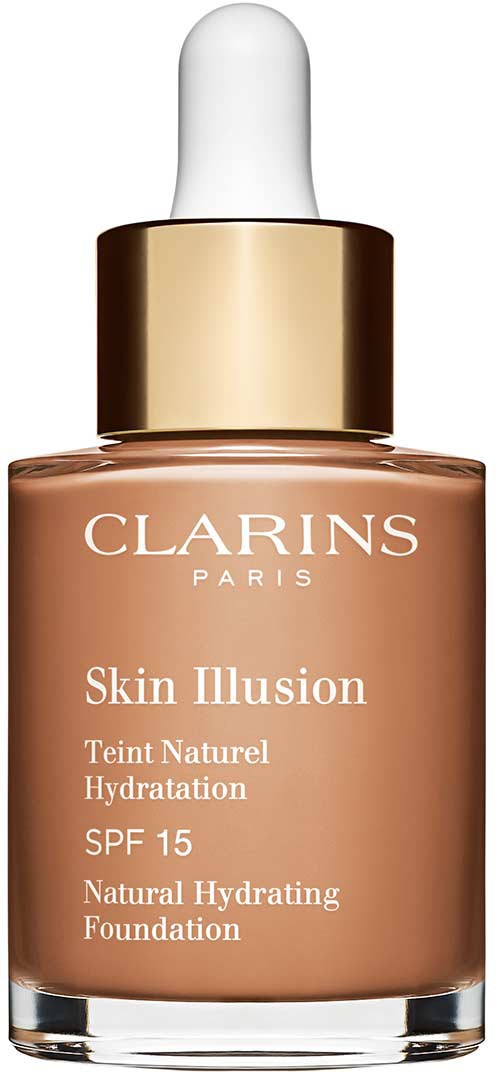 Clarins Skin Illusion -voidepullo, jossa tippa ja kultainen suojakorkki, kosteutukseen ja SPF 15.