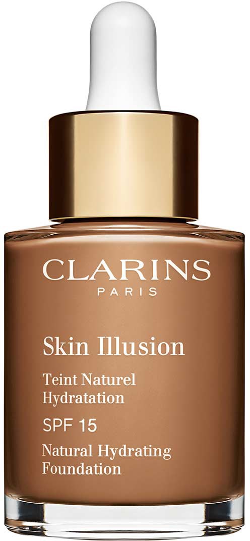 Eine Flasche Clarins Skin Illusion Foundation mit weißem Tropfer. Beschriftet als natürliche hydratisierende mit SPF 15.