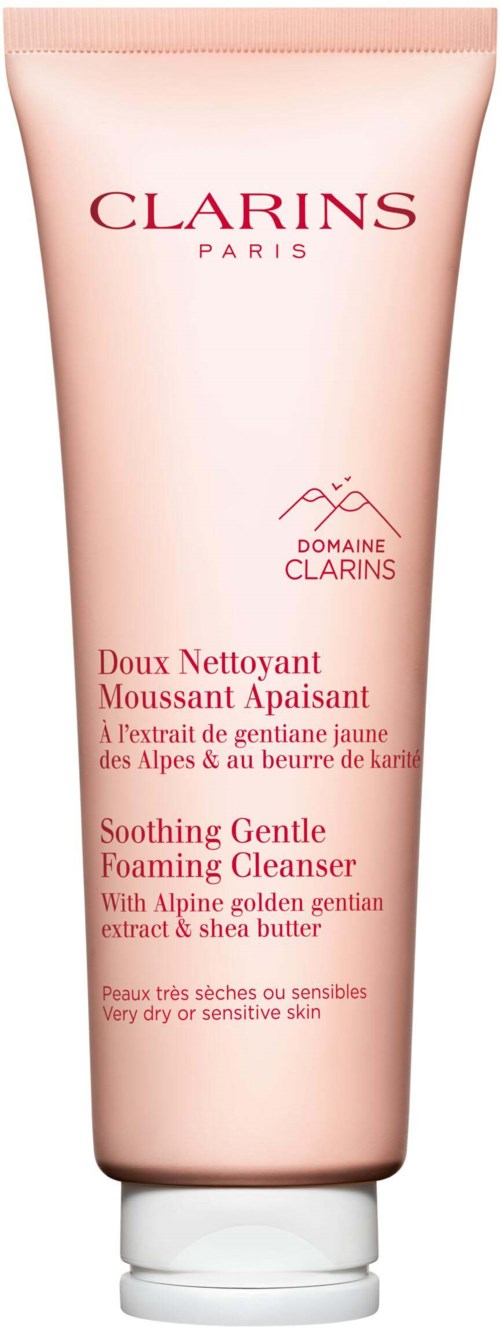 Pinkki Clarins-maske puhdistusgeelille kuivalle ja herkälle iholle, sisältää norsunmarjauutetta ja sheavoita.