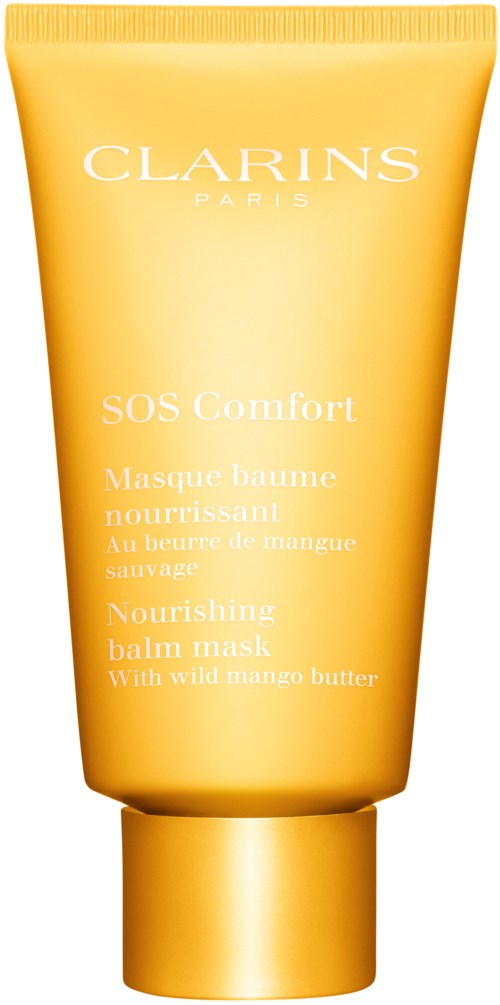 En gul tube med Clarins SOS Comfort nærende balm maske med mangosmør. Tekst i hvitt angir produktdetaljer.