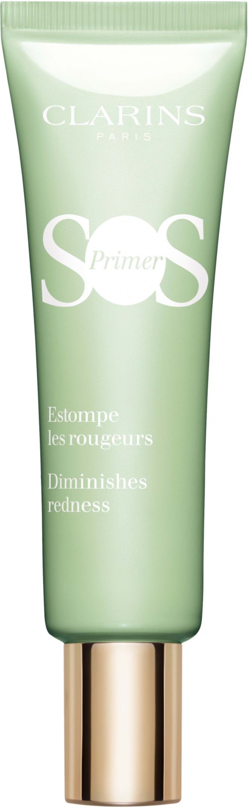 En grön tub med Clarins SOS Primer med guldkork, designad för att minska rött och ljusa upp huden.