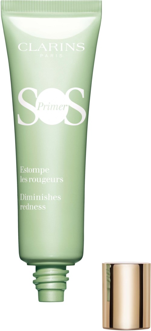 Grön tub med Clarins-logga, märkt som SOS Primer, som minskar rodnad, med en guldig lock.