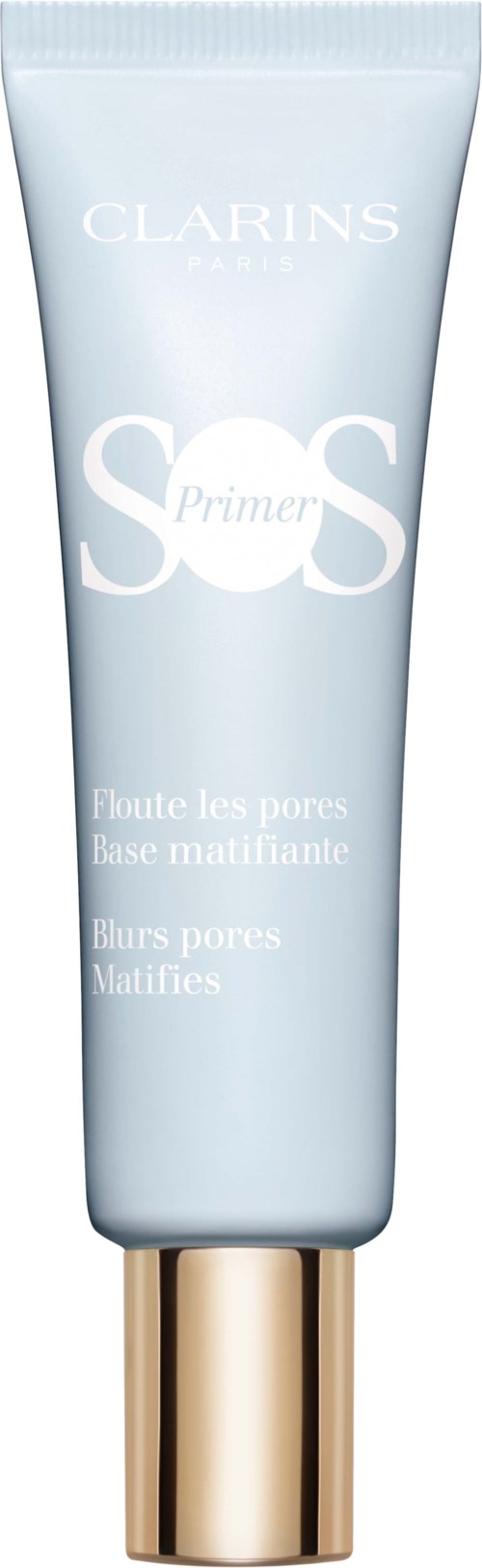 En ljusblå tub med Clarins SOS Primer med guldkapsel, för porutjämning och mattning.