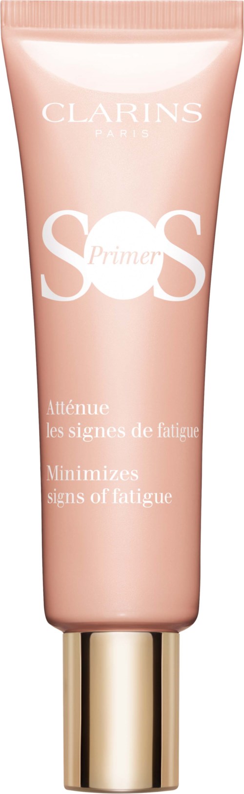En rosa tub med guldkapsel, märkt Clarins SOS Primer, riktad mot tecken på trötthet, med vit och guldig text.