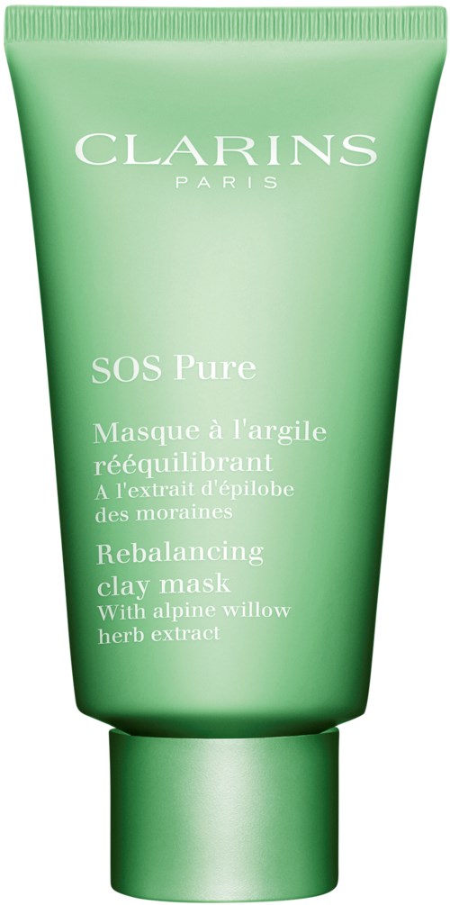 En grønn tube av Clarins SOS Pure Rebalancing leirmaske med tekst på engelsk og fransk.