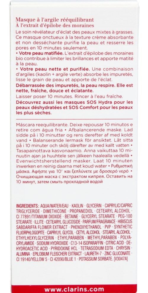 Rød og hvit emballasje med instruksjoner og ingredienser for en leirmaske for huden. Inneholder tekst på flere språk.