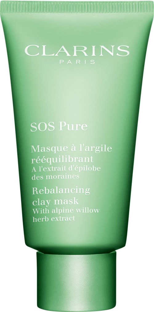 En grön tub med Clarins SOS Pure Rebalancing Clay Mask med örtutdrag för huden.