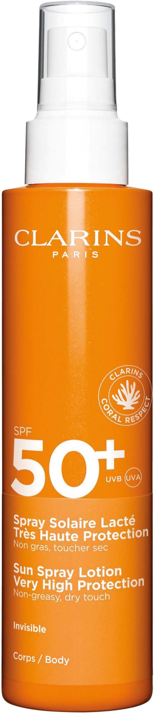 Oranssi auringonsuojavoidela, SPF 50+, Clarinsilta, keholle, ei rasvainen, näkymätön.