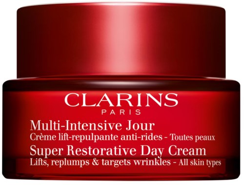 Punainen purkki Clarins Super Restorative Day Cream kaikille ihotyypeille, nostaa ja vähentää ryppyjä.