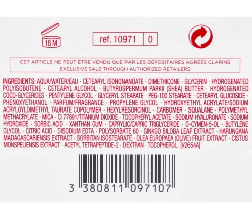 Det här är en lista över ingredienser för en produkt, inklusive vatten, glycerin och olika kemikalier, med streckkod längst ner.