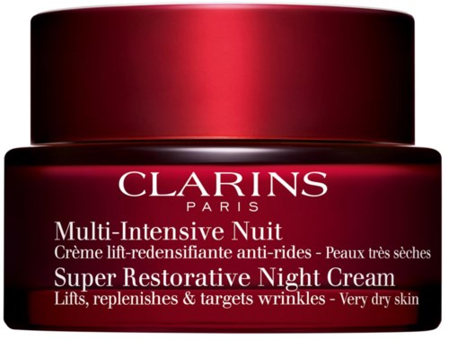 Punainen Clarins yöhappo rasvaiselle iholle, lupaa nostaa ja vähentää ryppyjä.