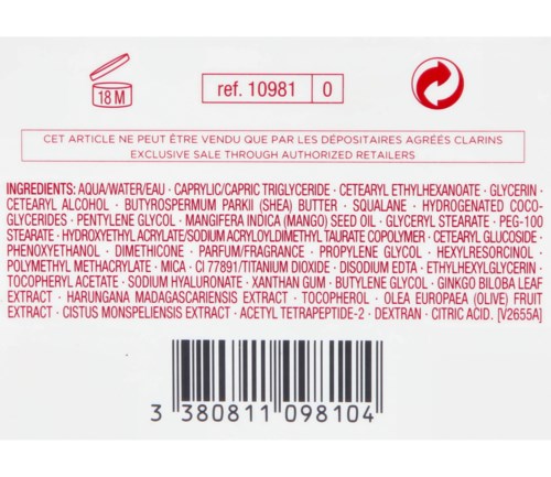Bildens etikett visar ingredienser, streckkod och instruktioner för försäljning, huvudsakligen i röd text.