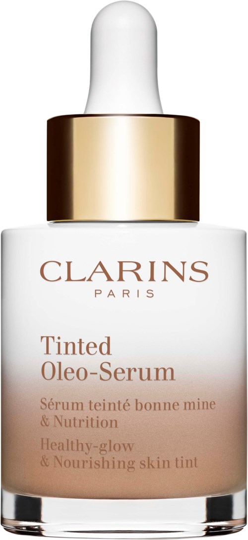 Pieni, valkoinen pullo tiputtimekan kanssa, kultainen rengas ja teksti 'Clarins Paris Tinted Oleo-Serum.'