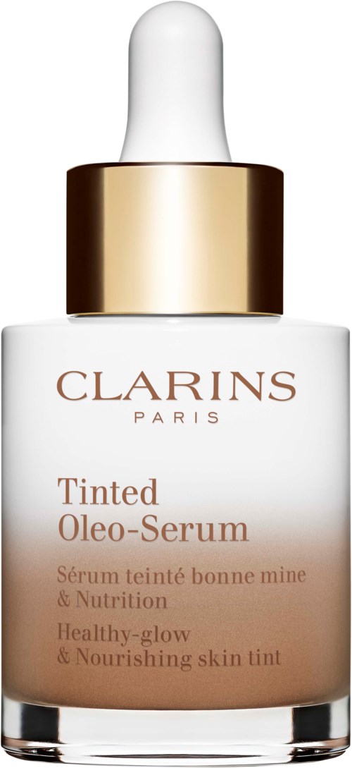 Butelka Clarins Paris z pipetą, oznaczona Tinted Oleo-Serum, na odżywczy blask skóry, w bieli i złocie.