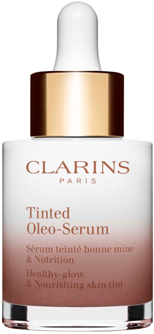 En vit och gulddropperflaska av Clarins Tinted Oleo-Serum för frisk, glödande, närad hud.
