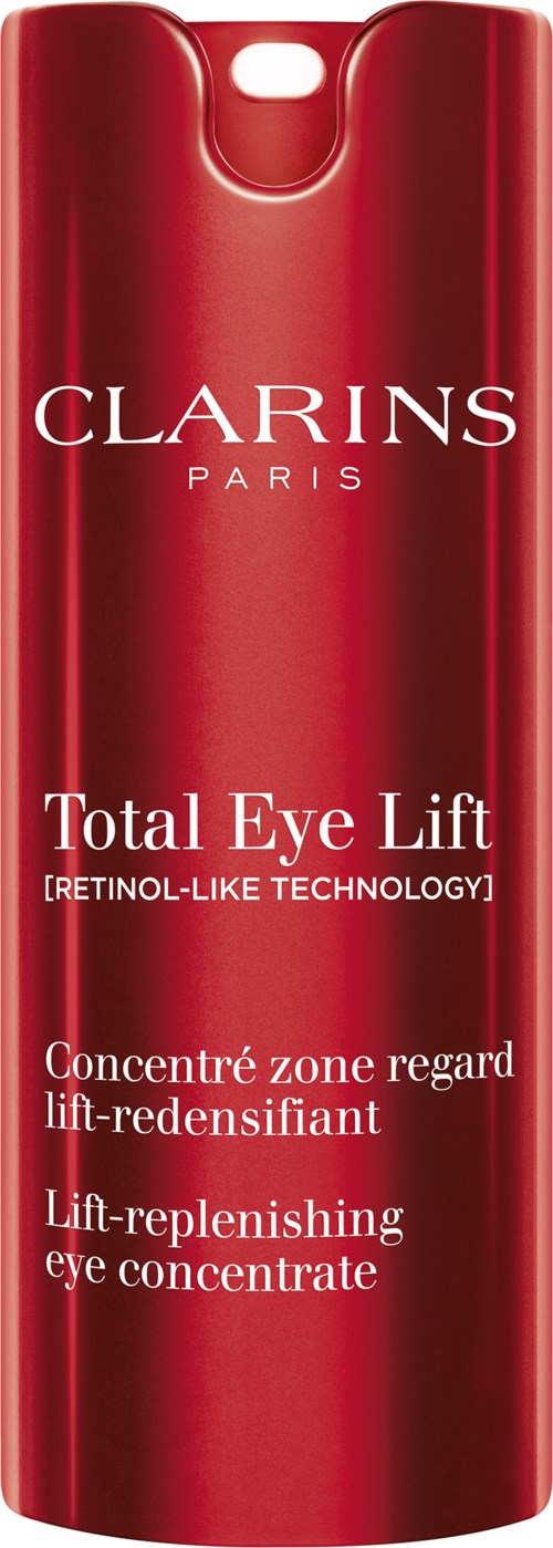 Red bottle labeled Clarins Total Eye Lift with product details and technology information.