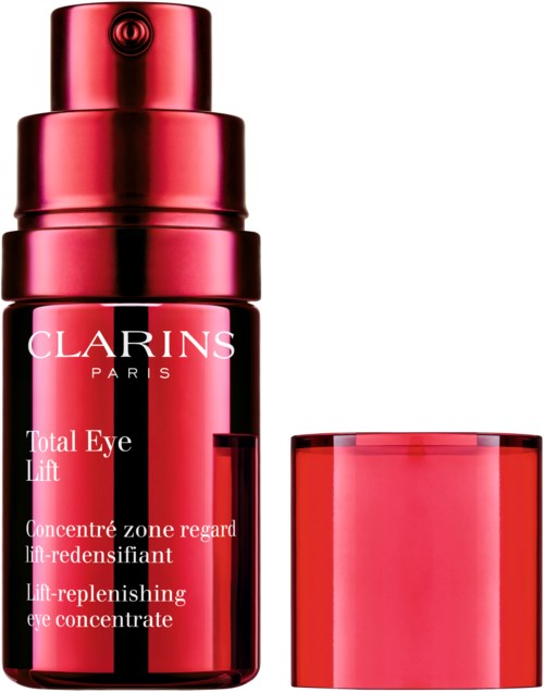 En rosa flaska med pump och matchande rosa lock, märkt 'Clarins', för ögonvård.