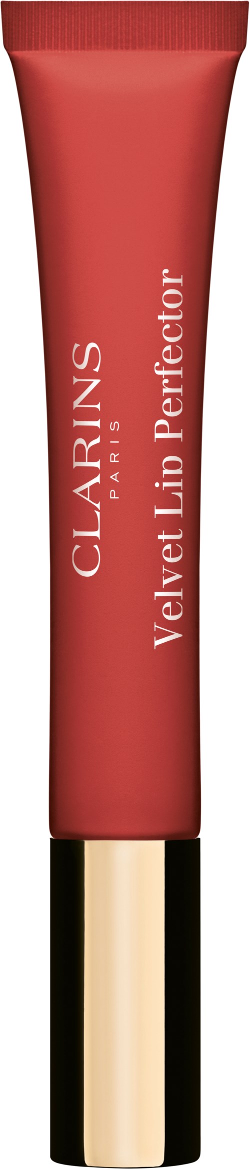 Ein rotes Tube von Clarins Velvet Lip Perfector mit schwarzem und goldenem Deckel.