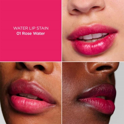 Close-up of women with different skin tones showing water lip stain in pink shade.