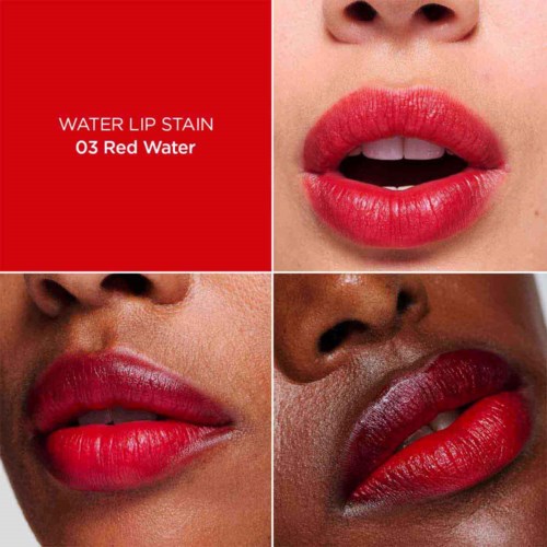 Etikett for et leppefargprodukt viser utvalgte lepper i forskjellige hudtoner med rød leppestift, og teksten 'Water Lip Stain 03 Red Water.'