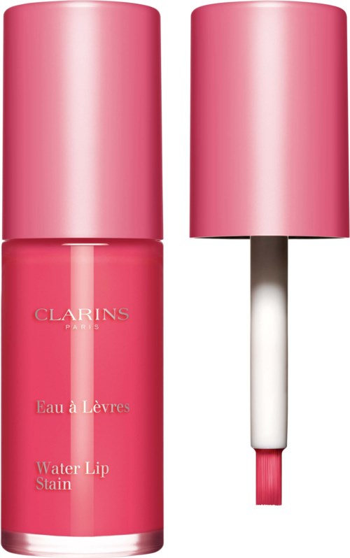 Pink bottle with a cap, used for water lip stain, with a small applicator brush attached.
