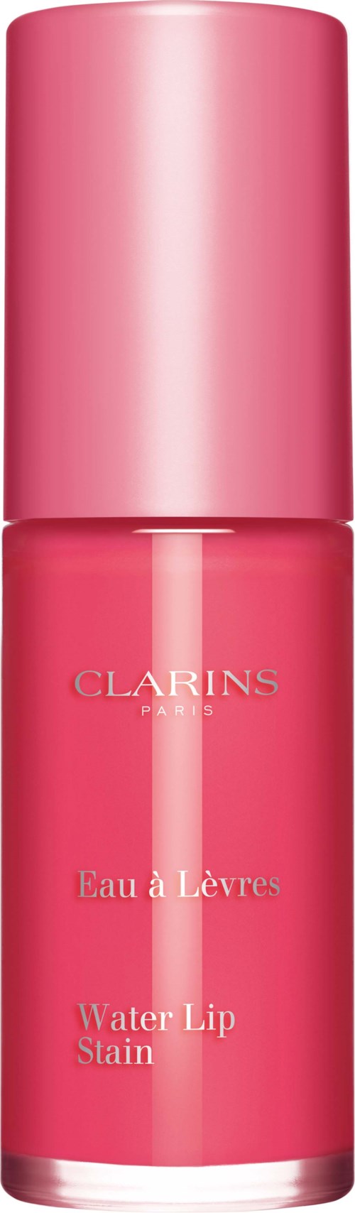 A pink water lip stain bottle with the brand Clarins written on it.