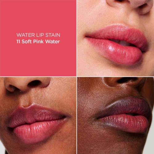 Image shows three different lips with pinkish lipstick shades and a text box about water lip stain in soft pink.