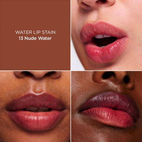 A guide showing how different lipstick shades look on various skin tones, focusing on nude water shades.