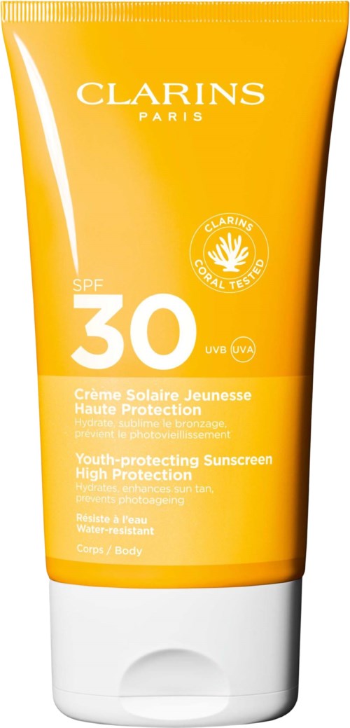 Keltainen aurinsuoja-voideputeli, SPF 30 Clarinsiltä, tarkoitettu nuorille ja ihon suojaamiseen.