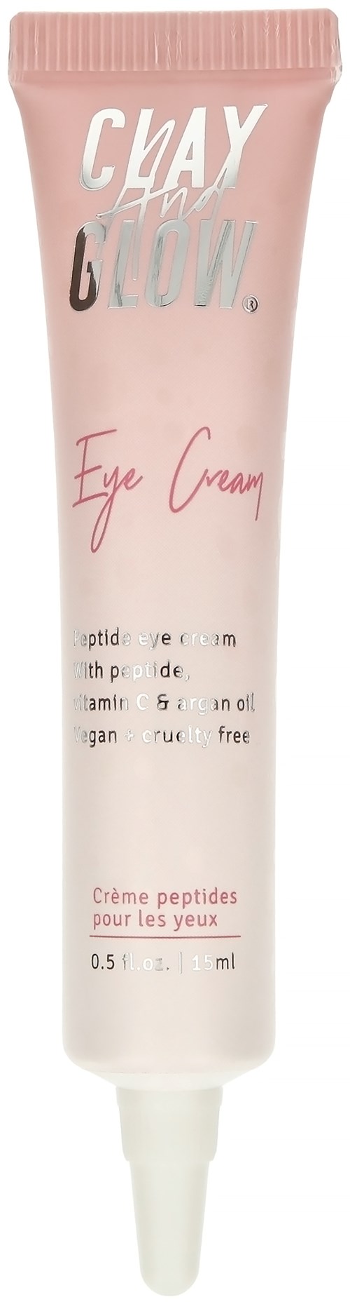 A pink tube of eye cream with white and silver text, showing product details and ingredients.