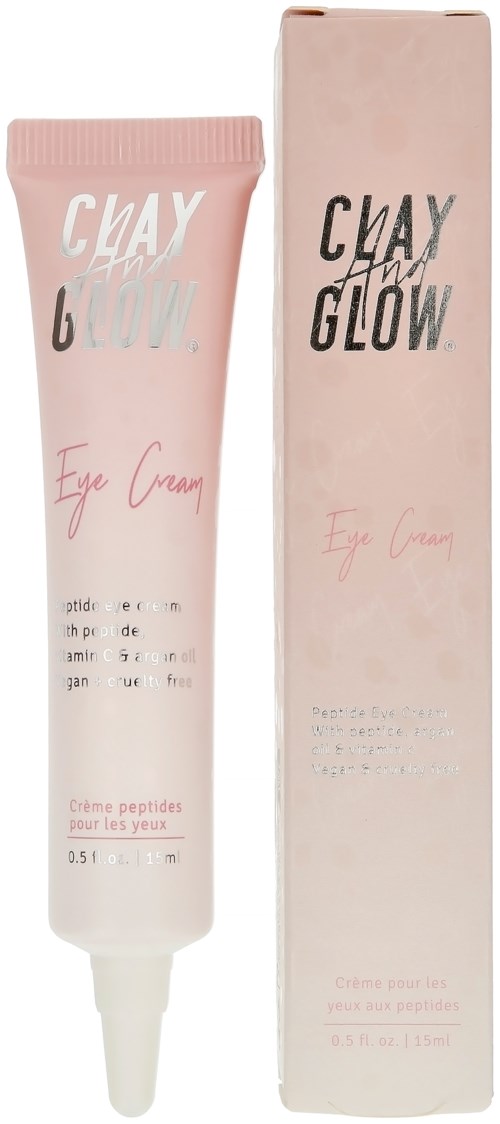 A pink tube and box labeled 'CLAY & GLOW Eye Cream' are shown, with the tube having a pointed applicator tip.