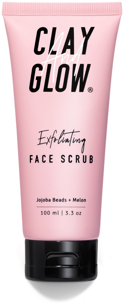 Roze tube met tekst Clay Glow Exfoliating Face Scrub met Jojoba Beads en Melon, 100 ml.