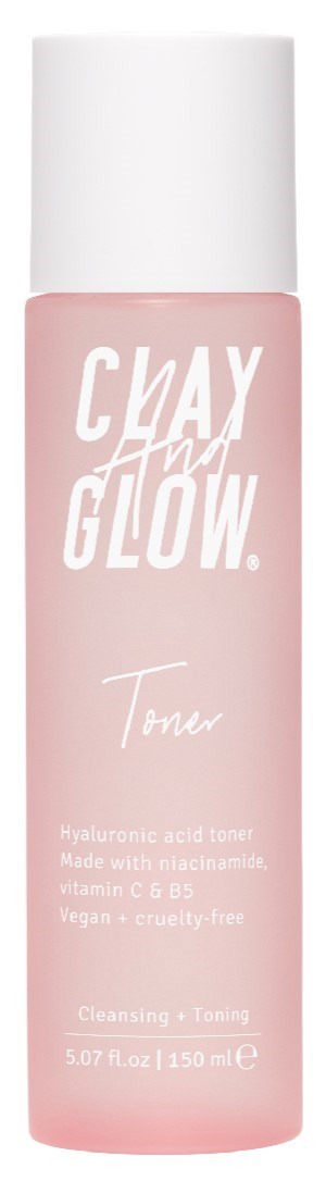A pink bottle of clay glow toner with white cap, labeled as a hydrating, vegan, cruelty-free skincare product.