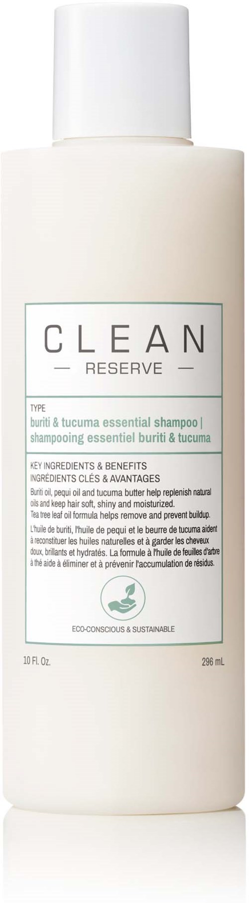 En vit flaska schampo med etikett som säger 'CLEAN RESERVE' och nämner ingredienser som buriti och tucuma.