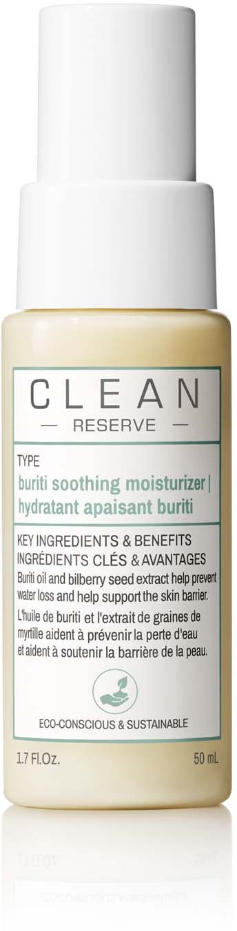 A small white bottle labeled 'CLEAN RESERVE'. It contains a buriti soothing moisturizer. The bottle has a pump top.