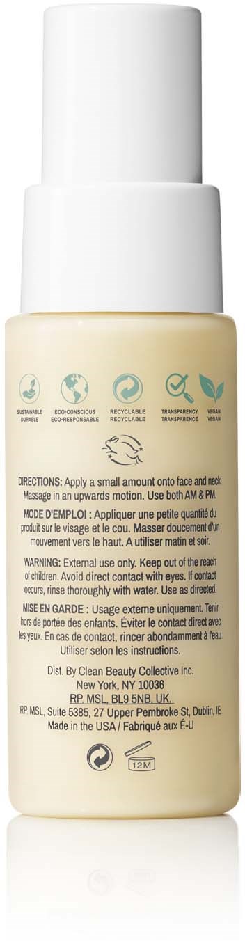 A white bottle with a pump, contains lotion or cream, with instructions and symbols on the label.