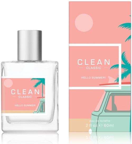 A perfume bottle with a pink label showing a summer theme and a matching box with palm trees and a car.