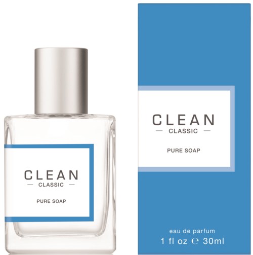 En genomskinlig tvålförpackning med silverlock bredvid en blå box, båda märkta 'CLEAN CLASSIC PURE SOAP' och 'eau de parfum'.