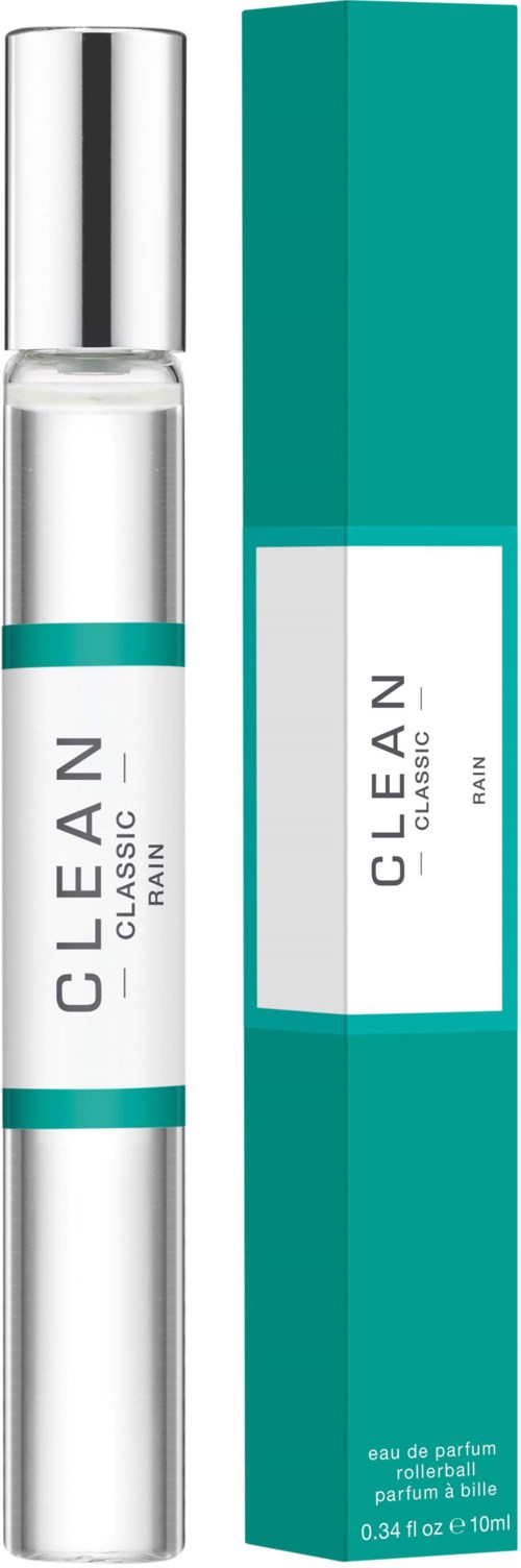 A perfume bottle with a white and teal design and a matching teal box. The label says "CLEAN CLASSIC".