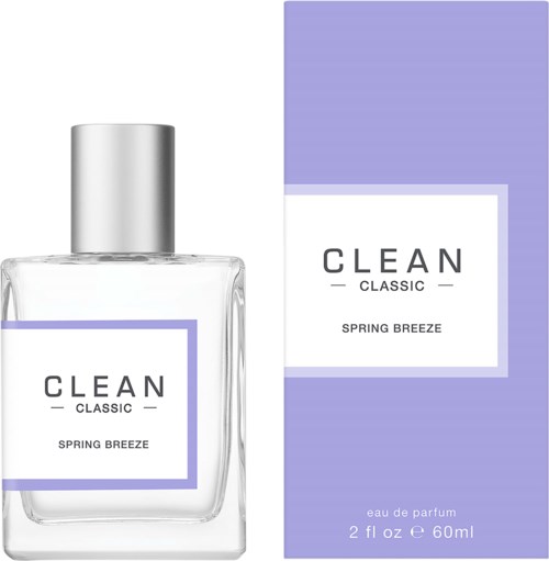 En parfymflaska och låda märkta "Clean Classic Spring Breeze" med lila och vit design.