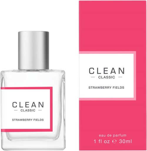 En tydlig parfymflaska och rosa box med text om Strawberry Fields-doften. Flaskan har en silverkapsel.
