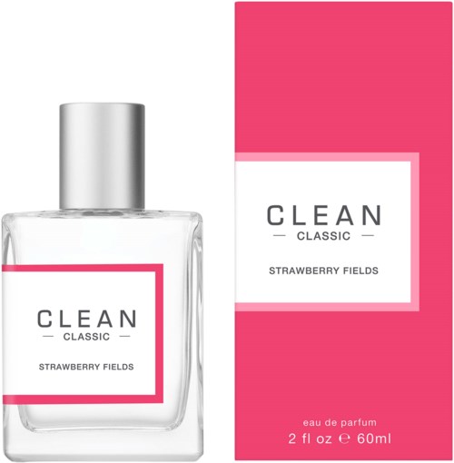 En parfume flaske og æske til Clean Classic Strawberry Fields, med rosa og hvide farver og enkel mærkning.