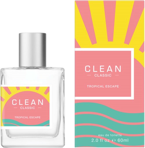 En parfyllflaska och en ljus, färgglad box med rosa, gult och blå vågor. Parfymen heter 'CLEAN' och 'TROPICAL ESCAPE.'