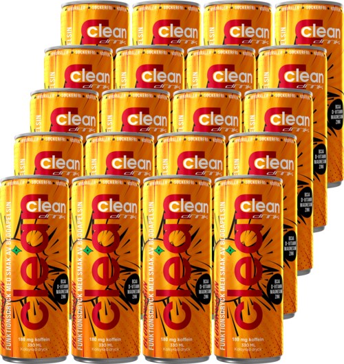 Flera burkar av energidrycken Eon staplade tillsammans med ljusa orange och gula färger, och fet svart och röd text.