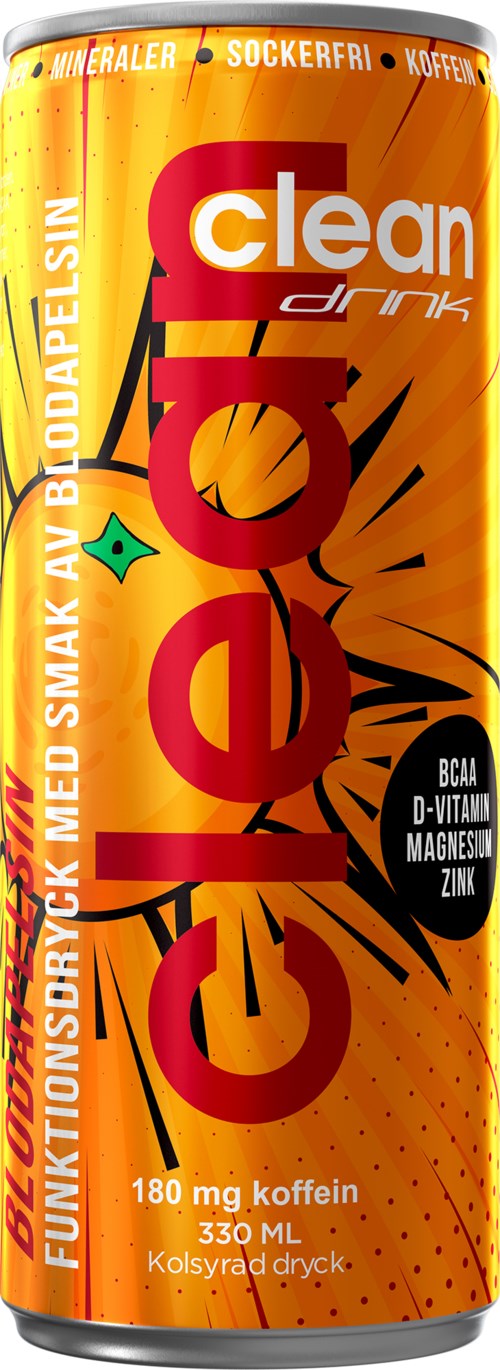 En lang, oransje energidrikksdåse med rød og svart tekst, fremhever ingredienser som koffein og vitaminer.