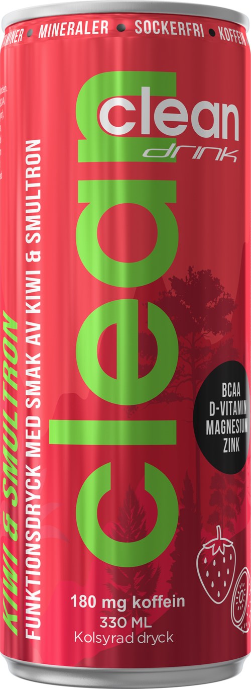 En rød boks med 'Clean Drink' i grønt, nevner kiwi smak, koffein, vitaminer, mineraler og sink, 330 ml.