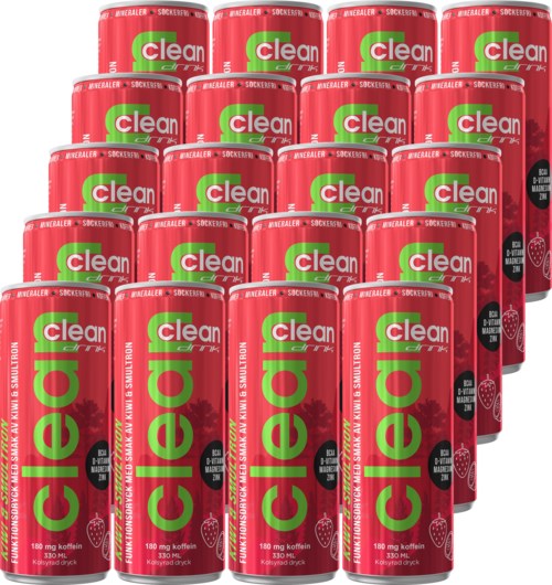 En stap av röda burkar märkta 'Clea' med grön och vit text, arrangerade i en pyramidform.