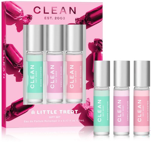 Kolmikkoinen pinkki ja mintunvärinen rollerball-tuoksut lasipulloissa, hopeakannet ja pinkki pakkaus.