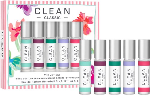 Farverigt rollerball-sæt med seks flasker mærket 'CLEAN', i en rosa og blomsterindrammet æske.