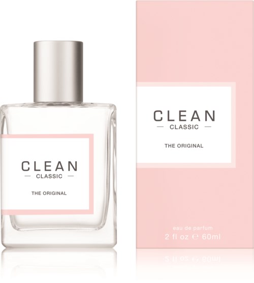 A perfume bottle and box labeled "CLEAN CLASSIC THE ORIGINAL" in pink and white backdrop.